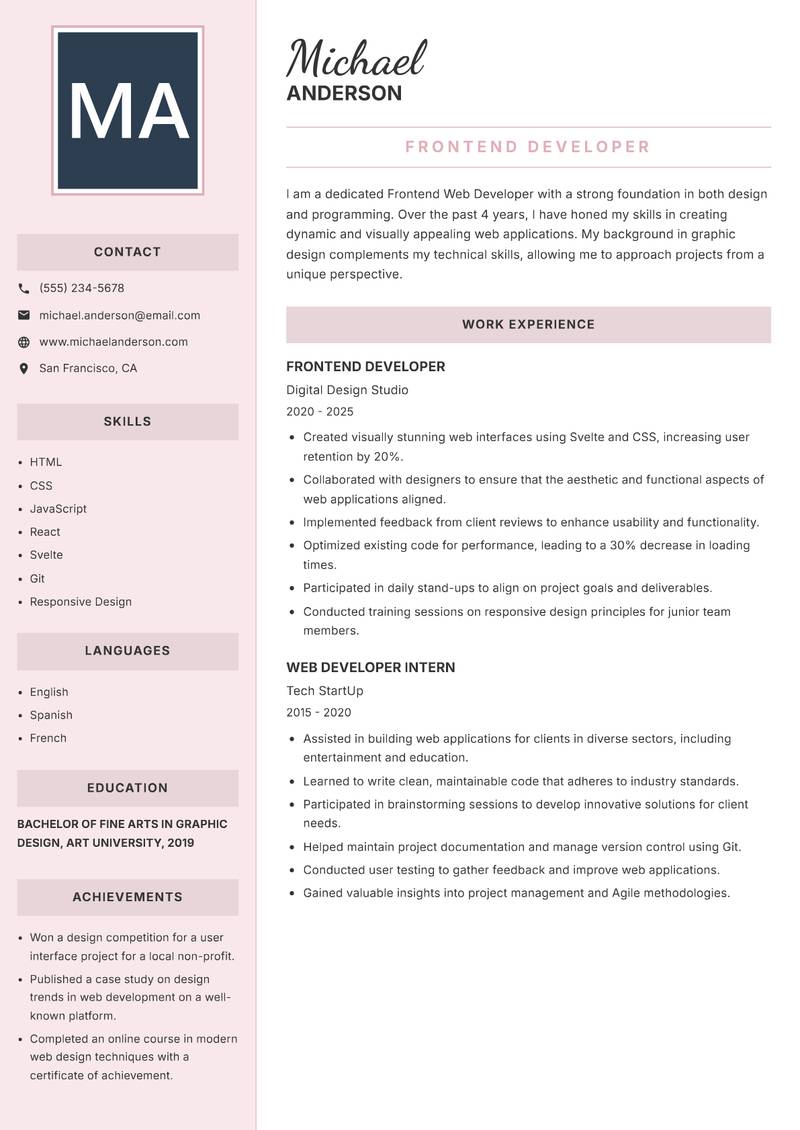 Frontend Web Developer resume sample — Frontend Developer focus