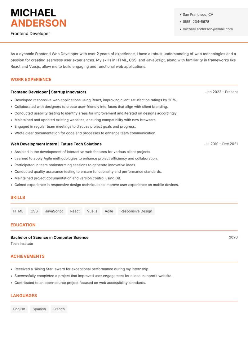 Frontend Web Developer resume sample — Frontend Developer focus