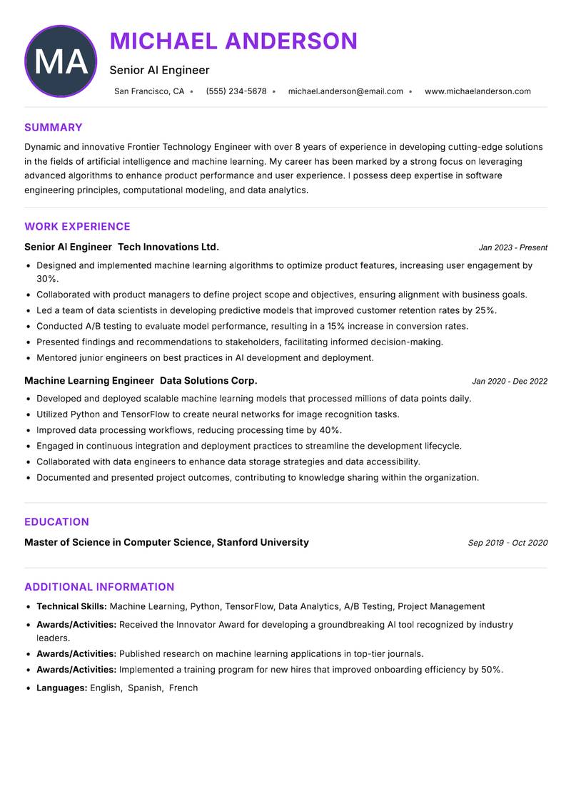 Frontier Technology Engineer resume example