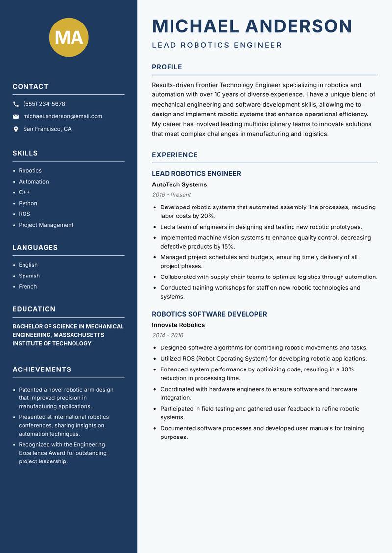 Frontier Technology Engineer resume sample — Lead Robotics Engineer focus