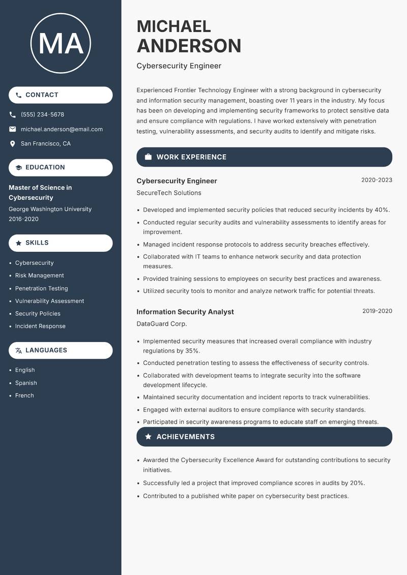 Frontier Technology Engineer resume sample — Cybersecurity Engineer focus