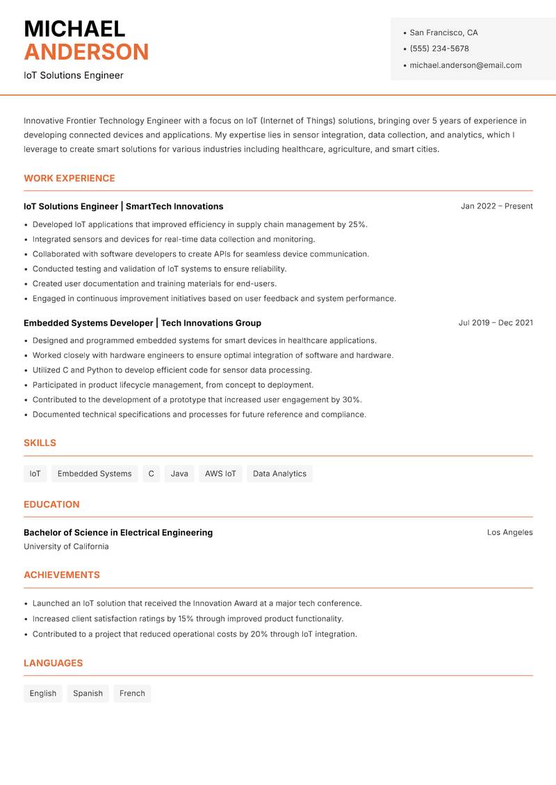 Frontier Technology Engineer resume sample — IoT Solutions Engineer focus