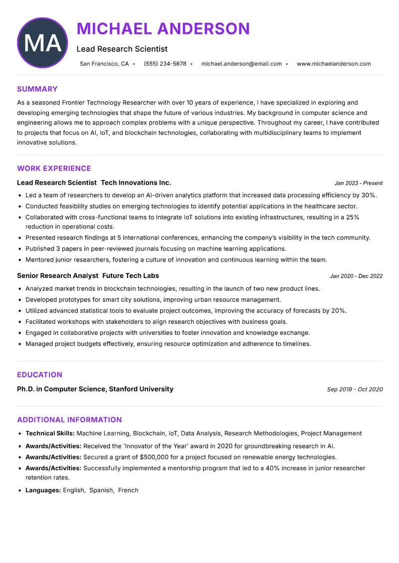 Frontier Technology Researcher resume example