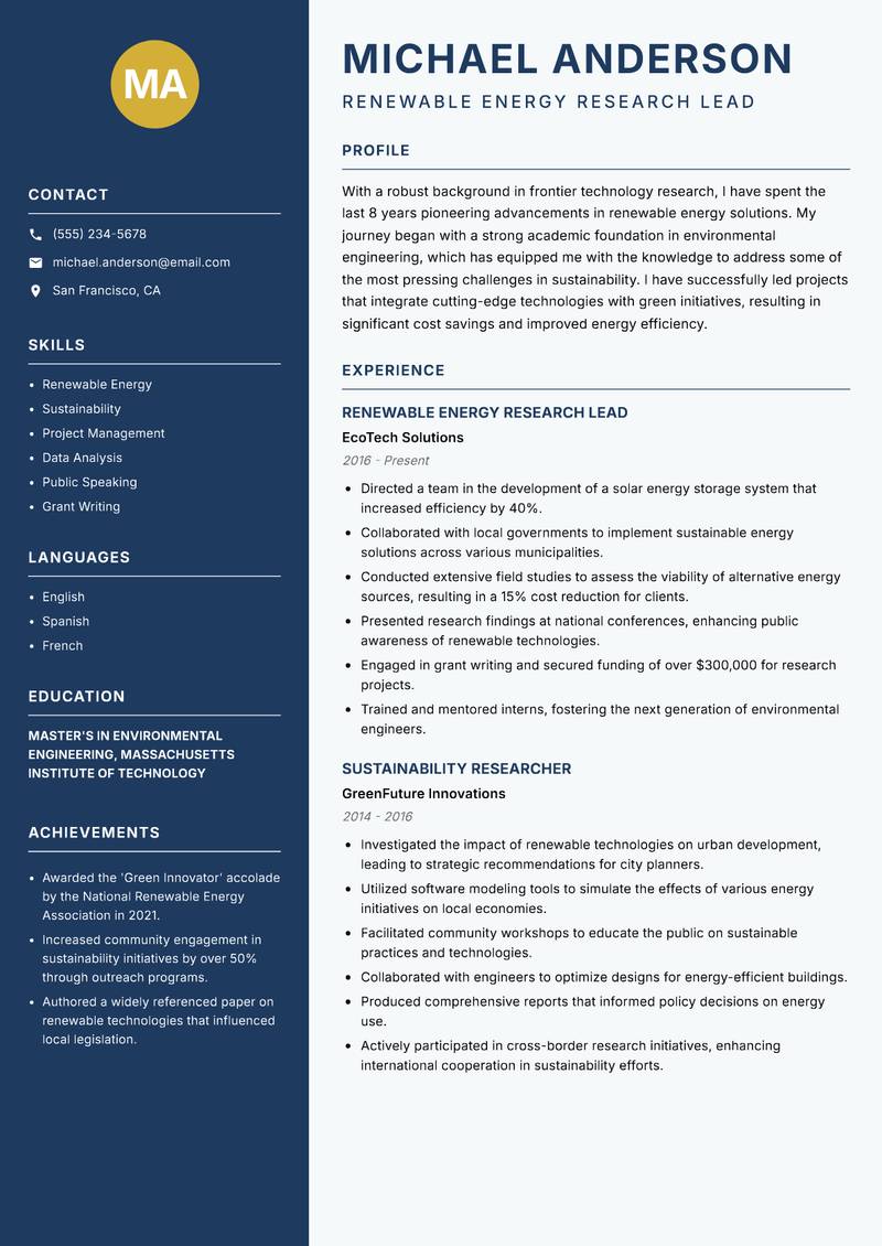 Frontier Technology Researcher resume sample — Renewable Energy Research Lead focus