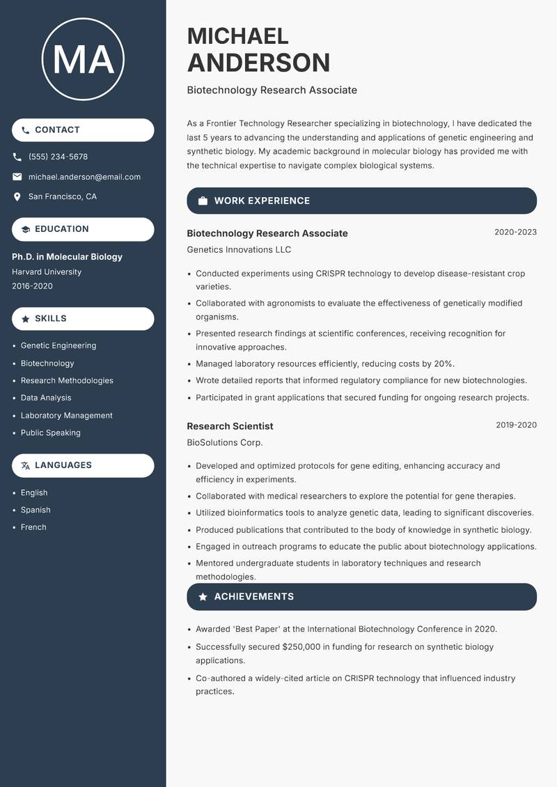 Frontier Technology Researcher resume sample — Biotechnology Research Associate focus