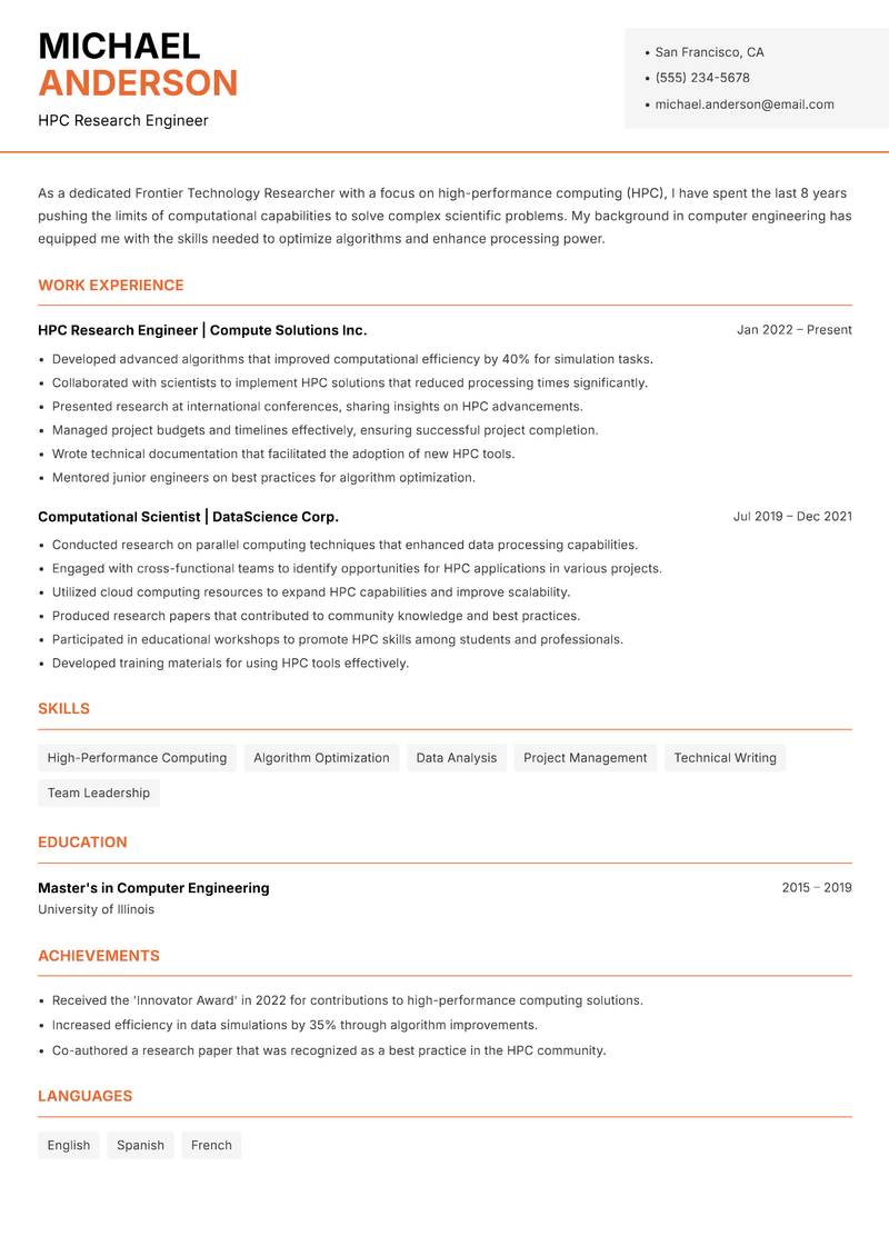 Frontier Technology Researcher resume sample — HPC Research Engineer focus
