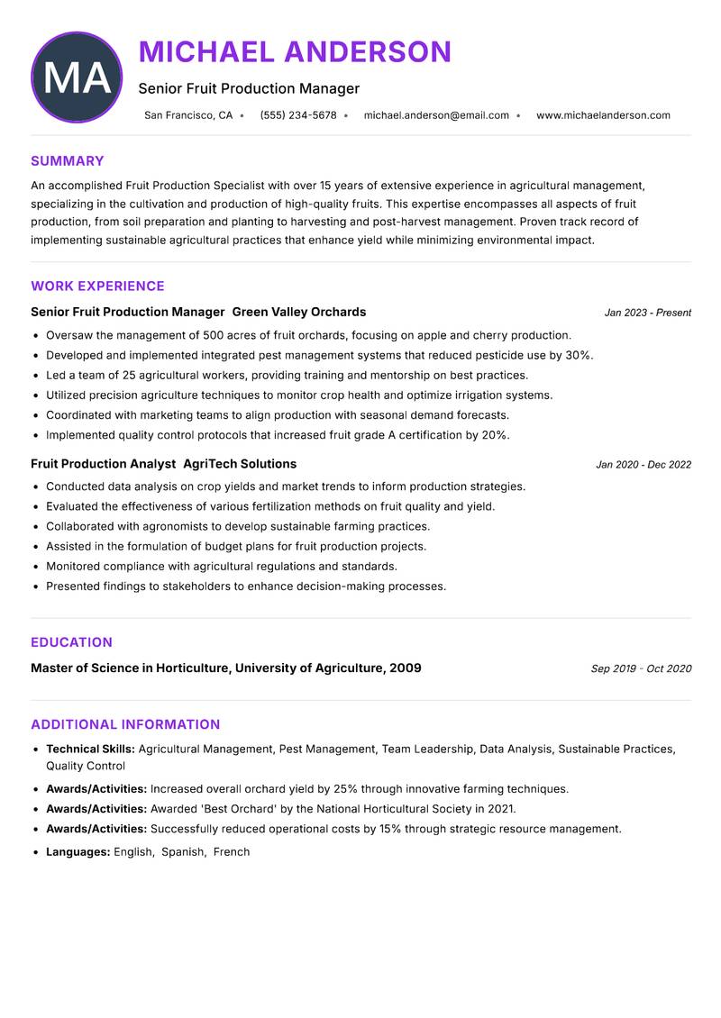 Fruit Production Specialist resume example