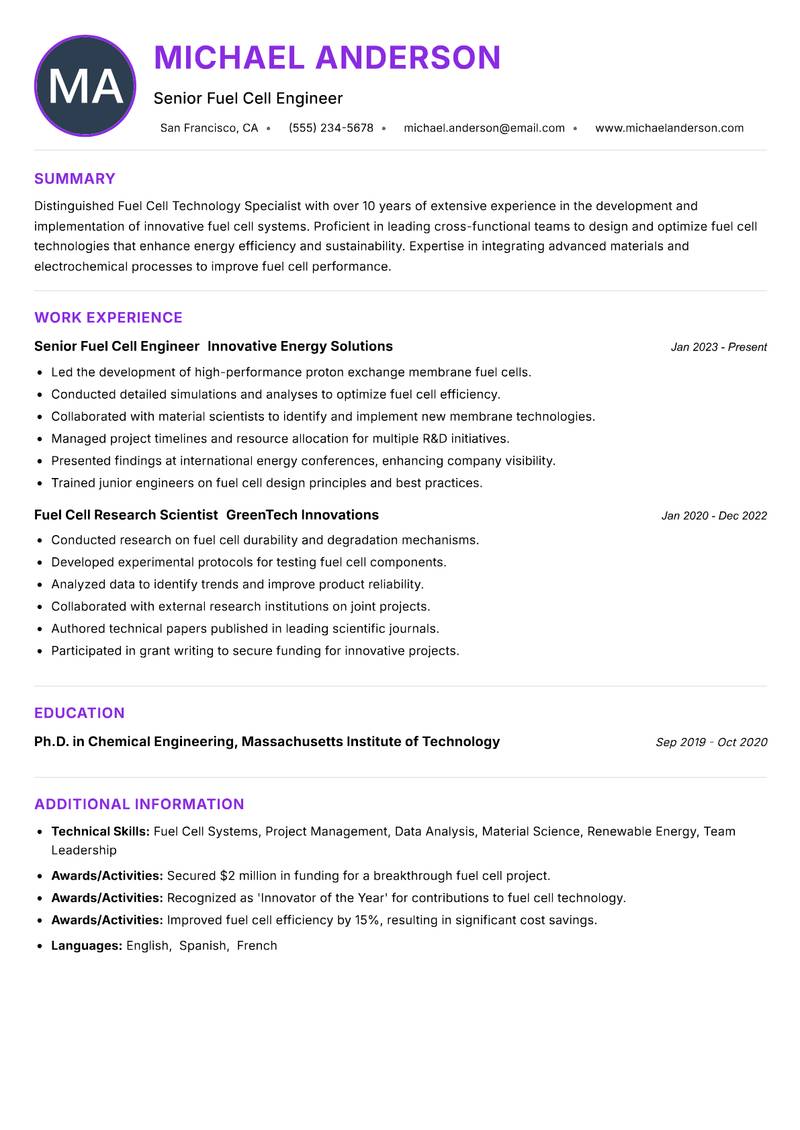 Fuel Cell Technology Specialist resume example