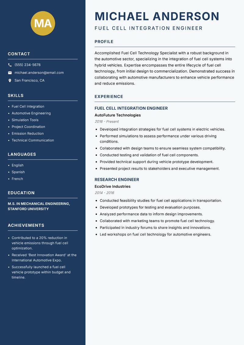 Fuel Cell Technology Specialist resume sample — Fuel Cell Integration Engineer focus
