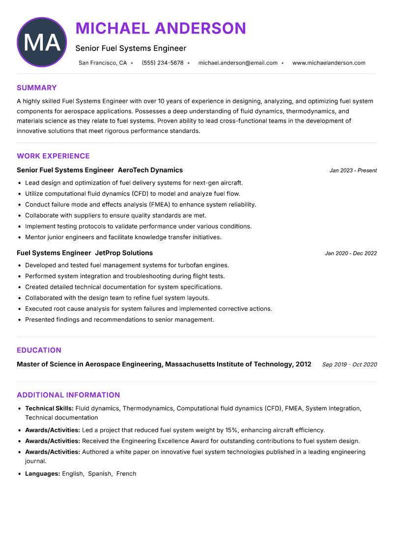 Fuel Systems Engineer resume example