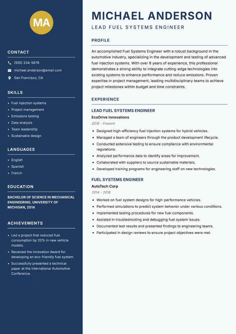 Fuel Systems Engineer resume sample — Lead Fuel Systems Engineer focus
