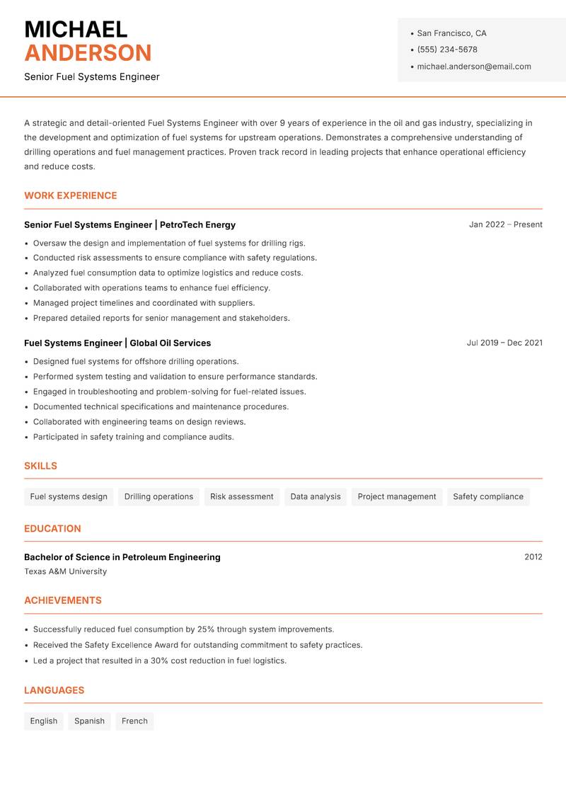 Fuel Systems Engineer resume sample — Senior Fuel Systems Engineer focus