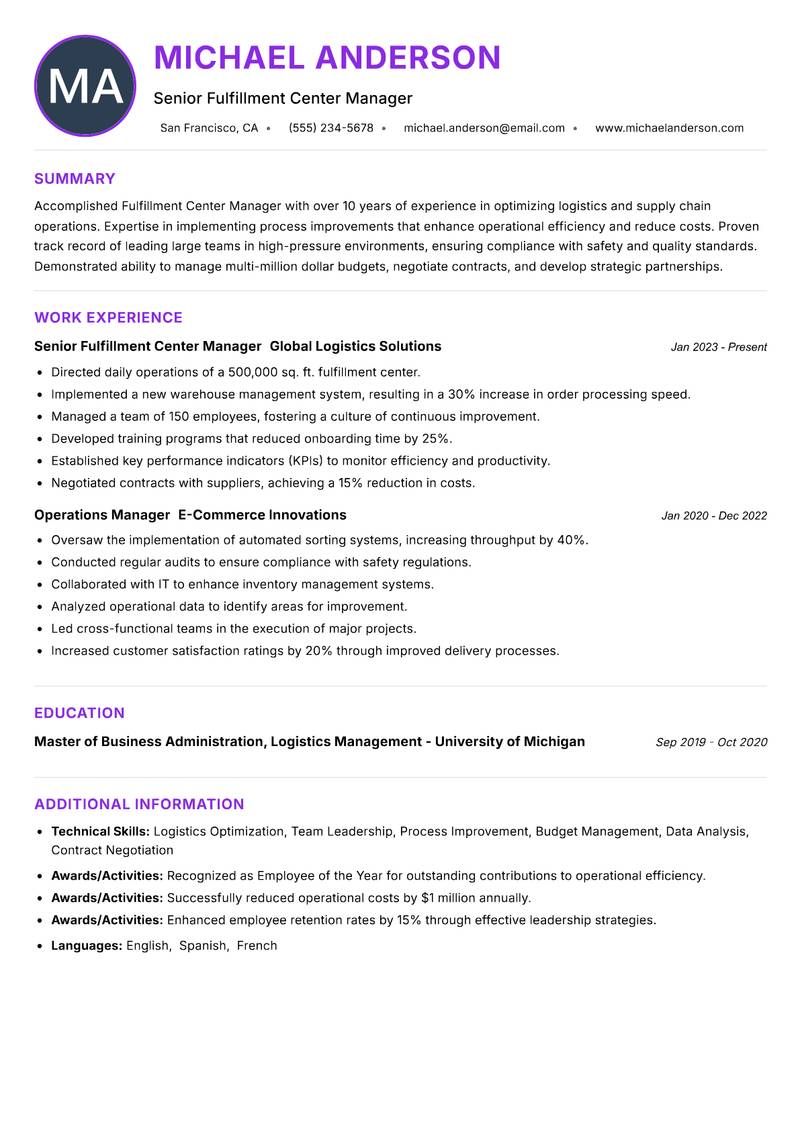 Fulfillment Center Manager resume example