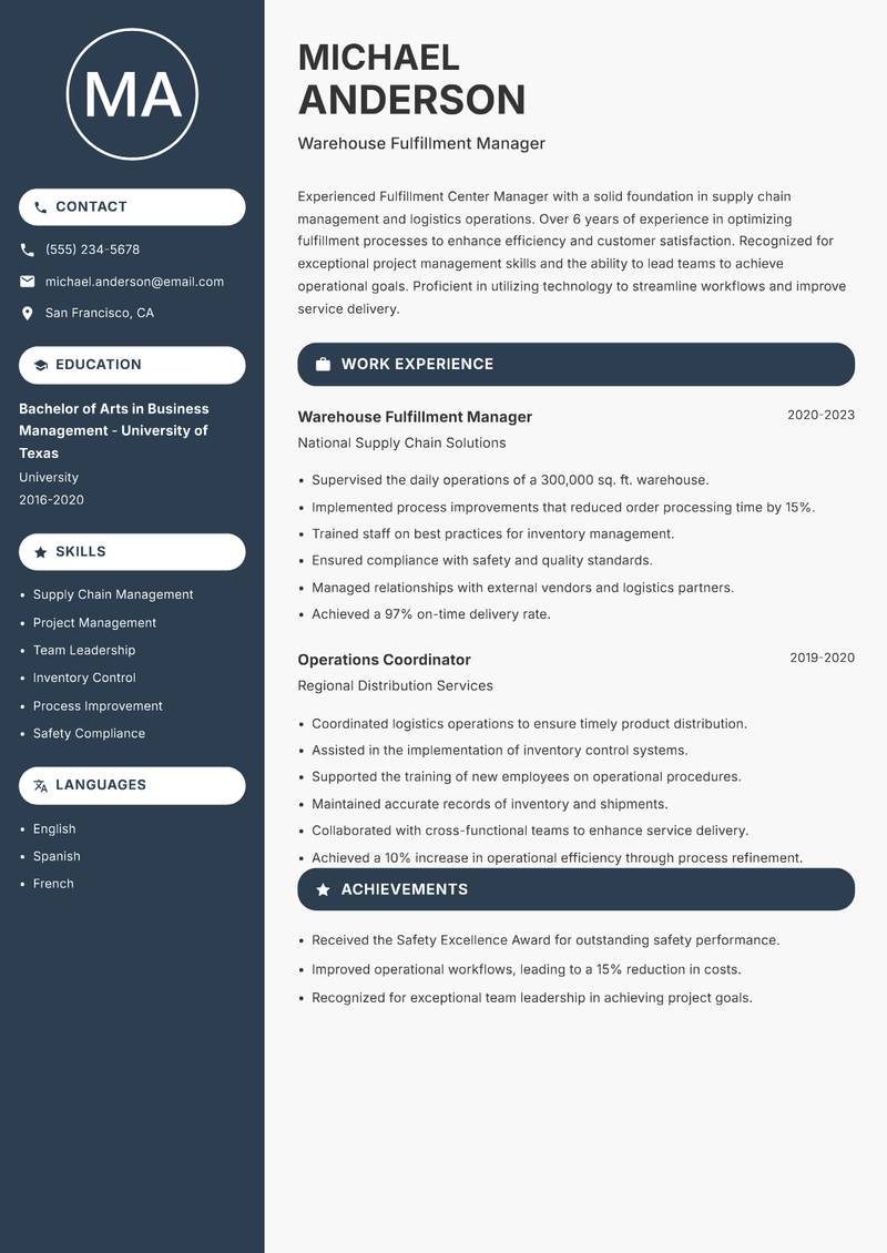Fulfillment Center Manager resume sample — Warehouse Fulfillment Manager focus