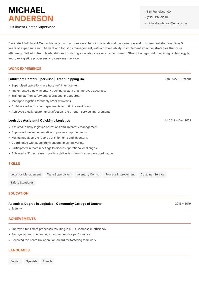 Fulfillment Center Manager resume sample — Fulfillment Center Supervisor focus