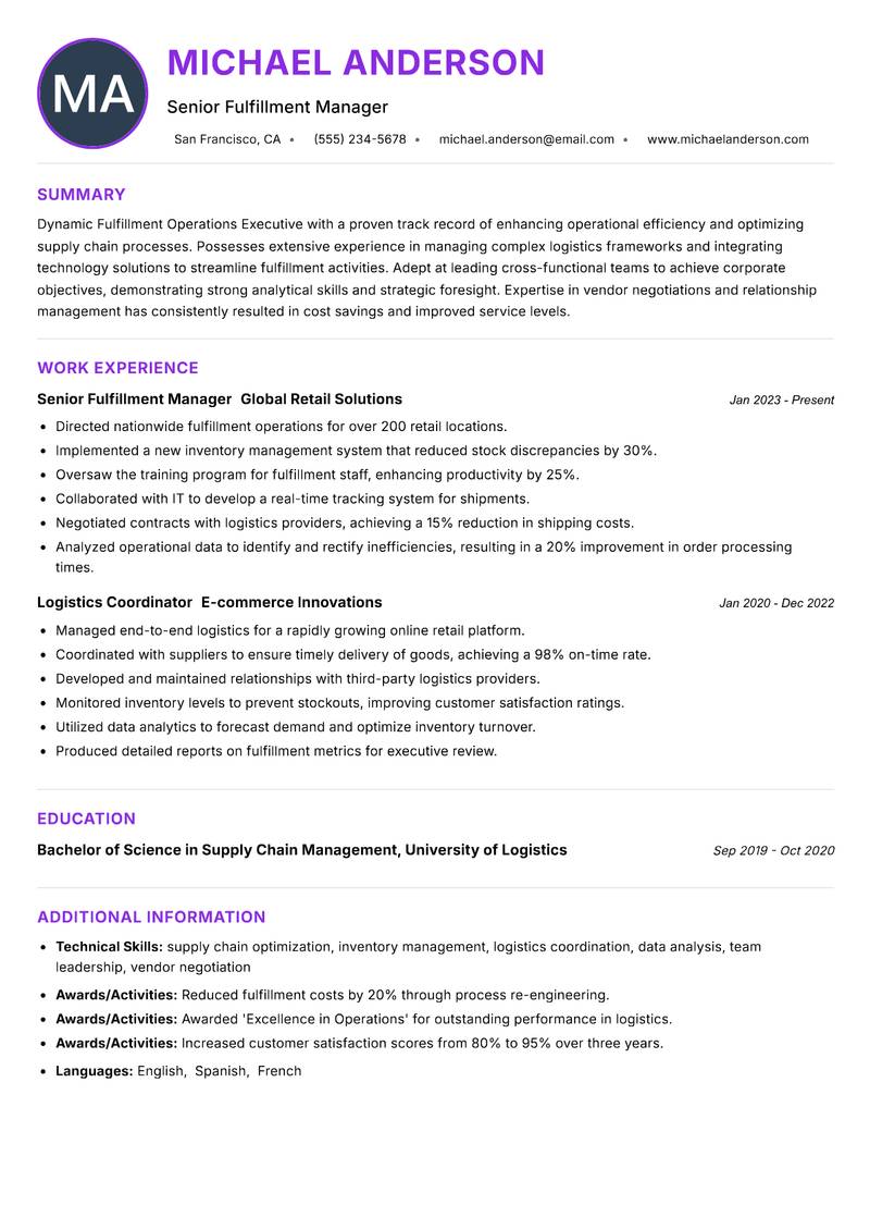 Fulfillment Operations Executive resume example