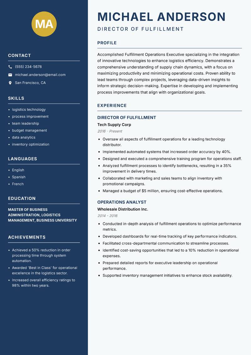 Fulfillment Operations Executive resume sample — Director of Fulfillment focus