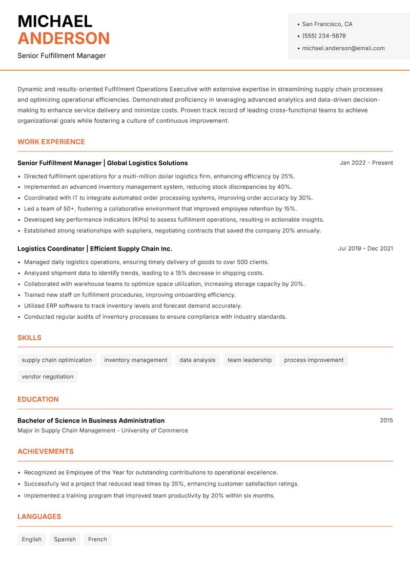 Fulfillment Operations Executive resume sample — Senior Fulfillment Manager focus