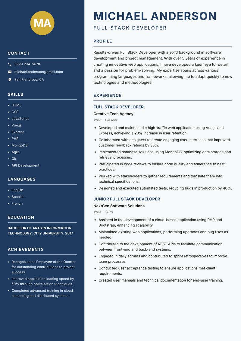 Full Stack Developer resume sample — Full Stack Developer focus