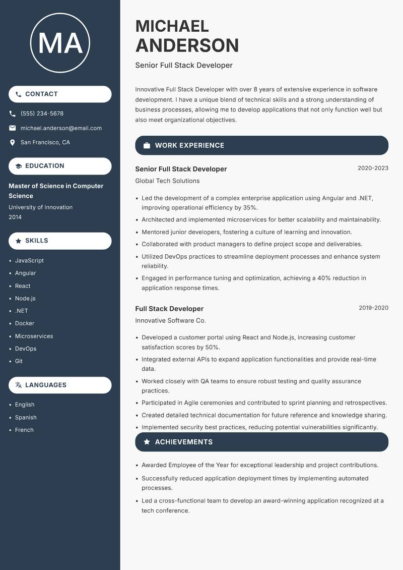 Full Stack Developer resume sample — Senior Full Stack Developer focus