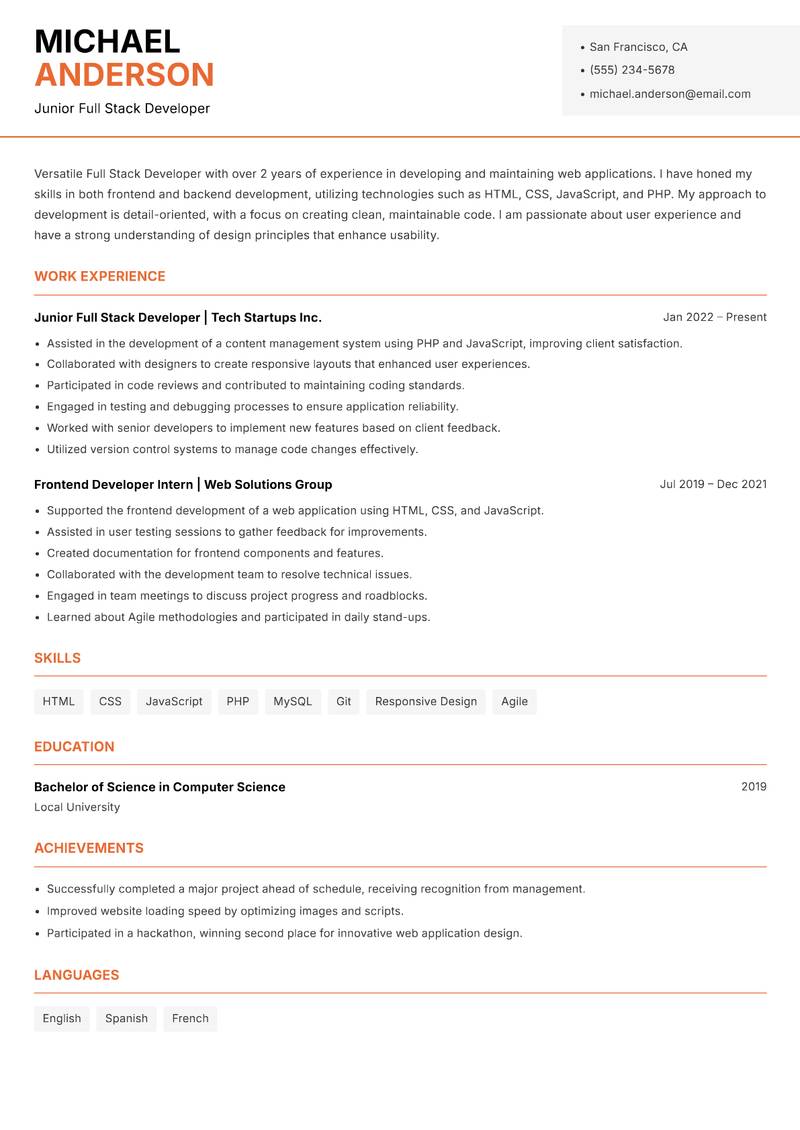 Full Stack Developer resume sample — Junior Full Stack Developer focus