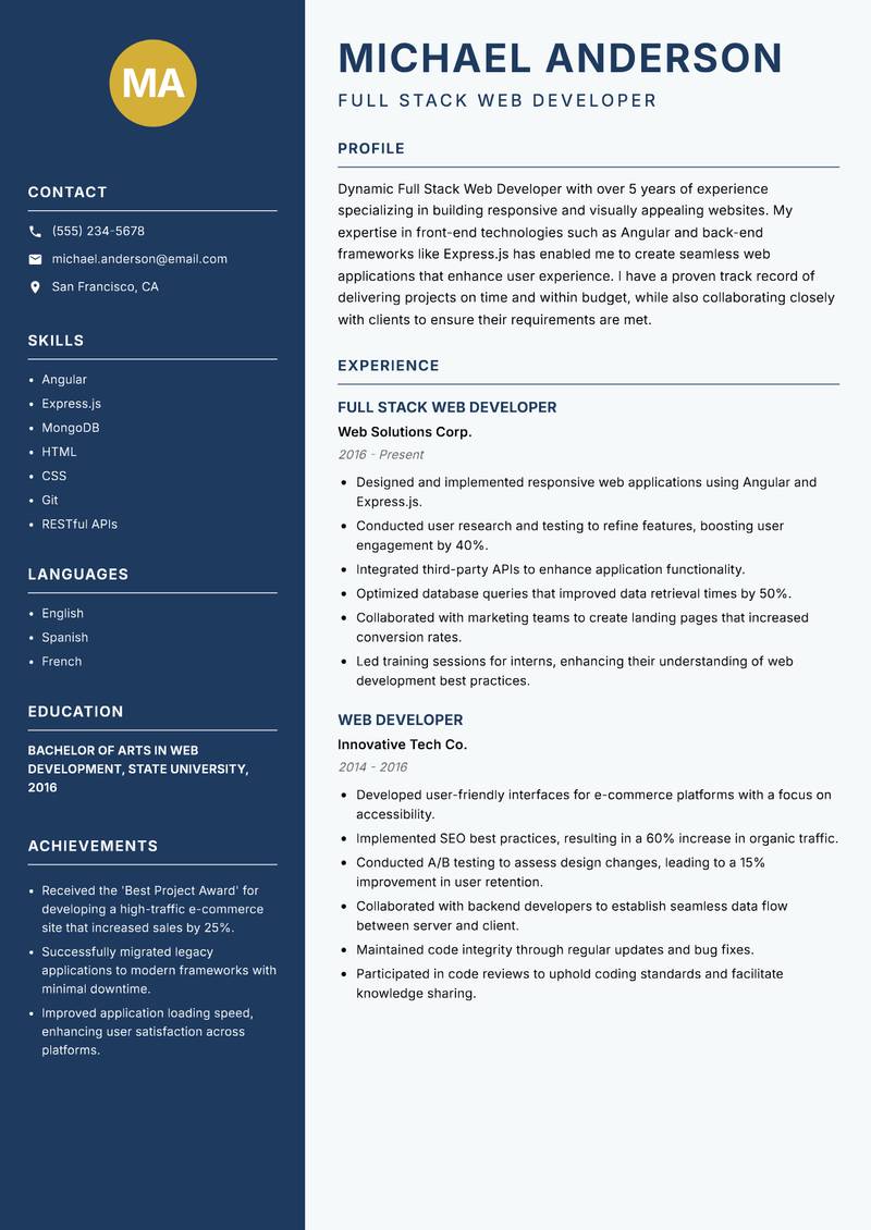 Full Stack Web Developer resume sample — Full Stack Web Developer focus