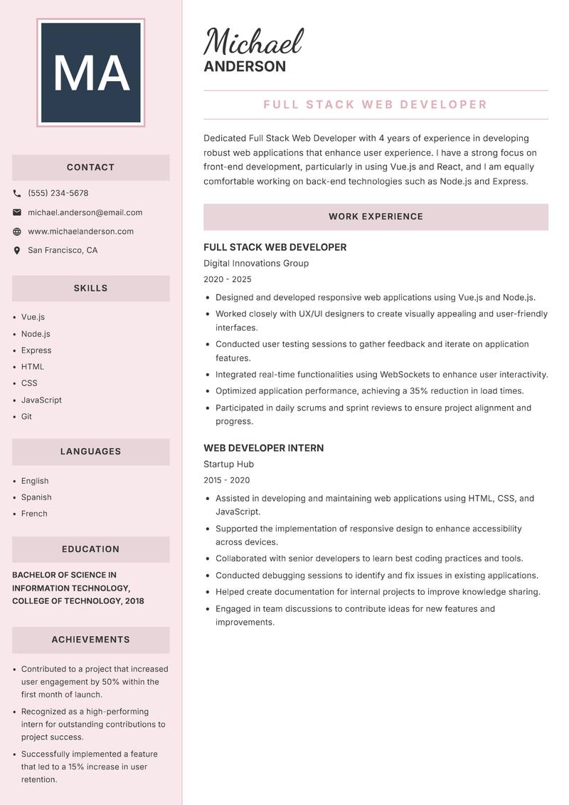 Full Stack Web Developer resume sample — Full Stack Web Developer focus
