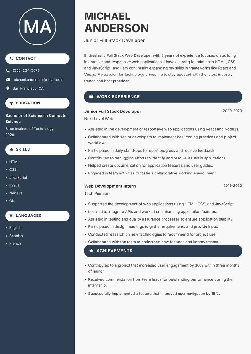 Full Stack Web Developer resume sample — Junior Full Stack Developer focus