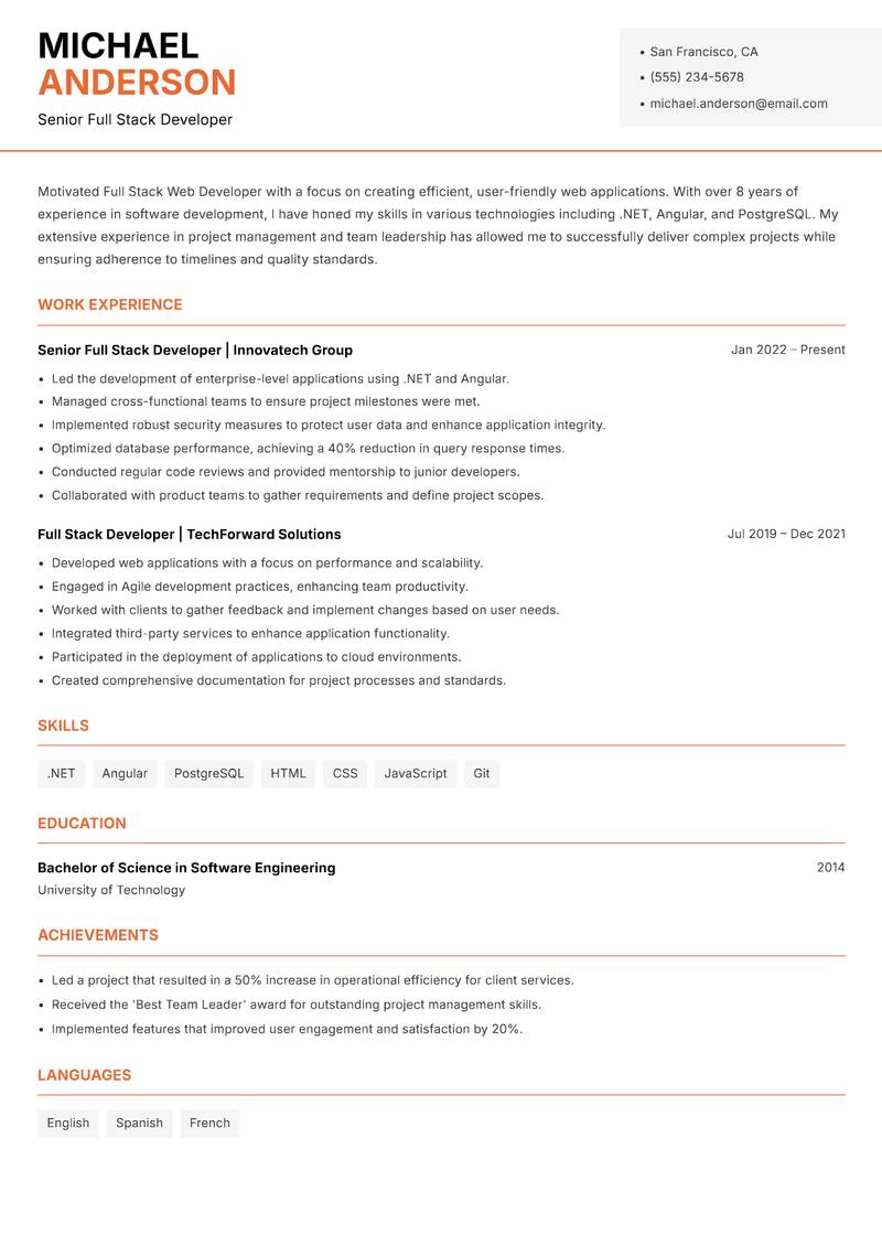 Full Stack Web Developer resume sample — Senior Full Stack Developer focus