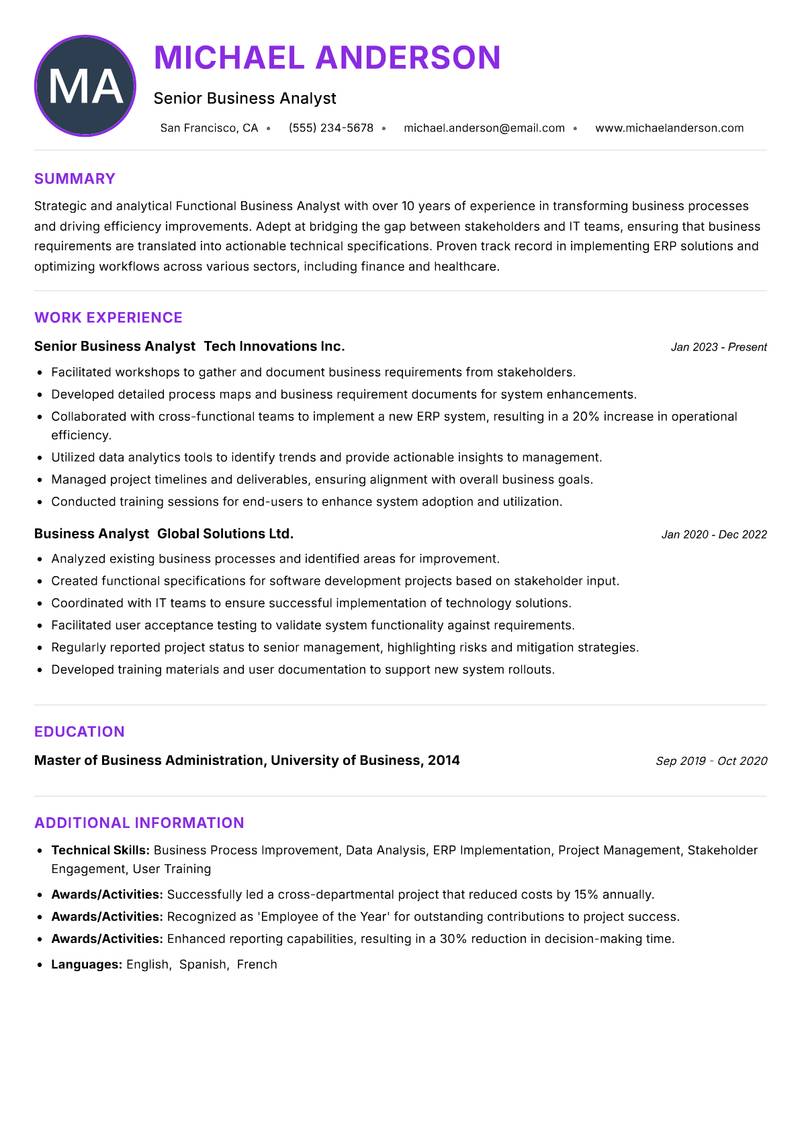 Functional Business Analyst resume example