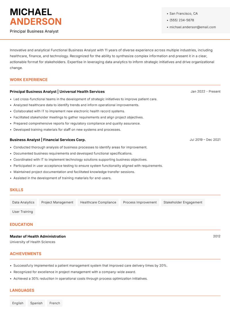 Functional Business Analyst resume sample — Principal Business Analyst focus