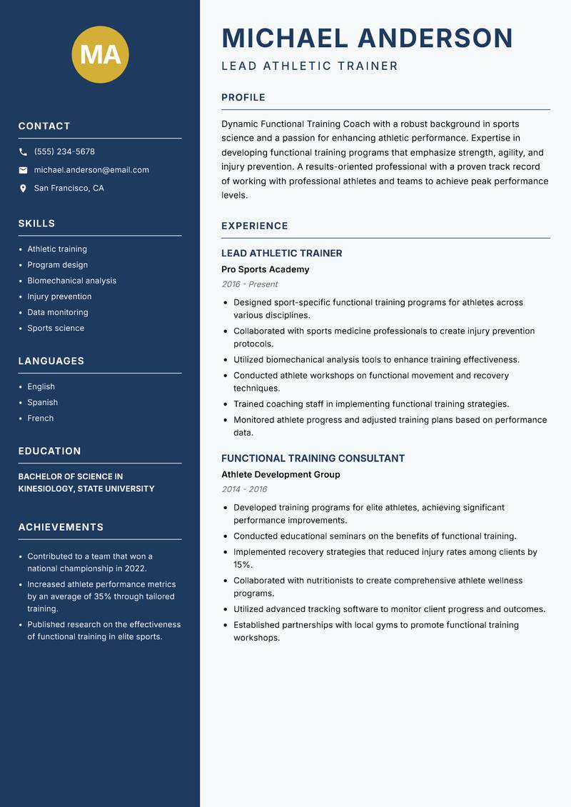 Functional Training Coach resume sample — Lead Athletic Trainer focus