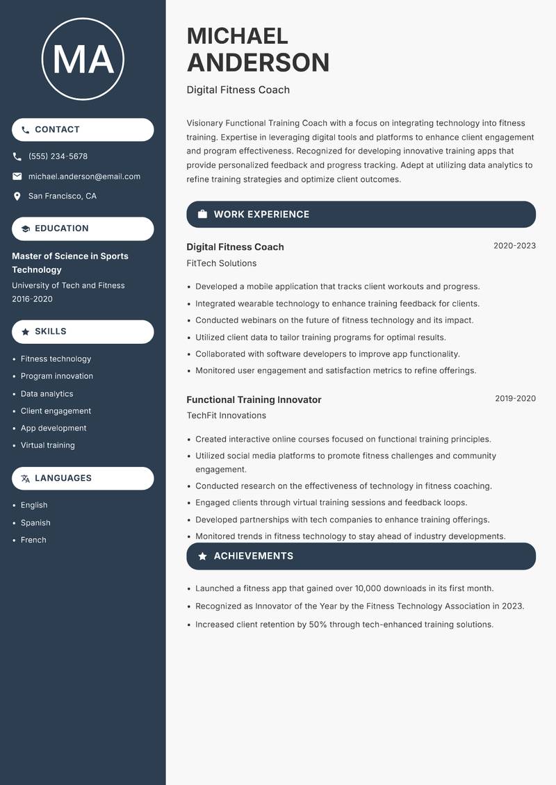 Functional Training Coach resume sample — Digital Fitness Coach focus