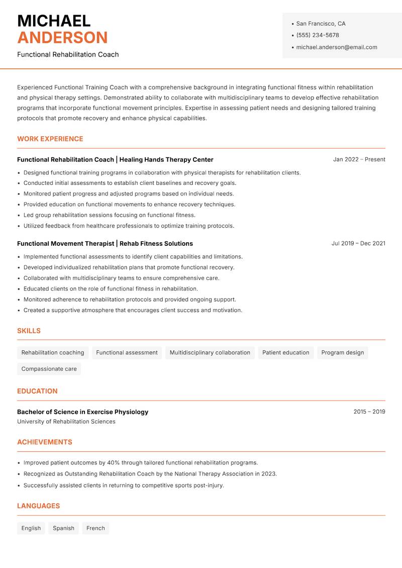 Functional Training Coach resume sample — Functional Rehabilitation Coach focus
