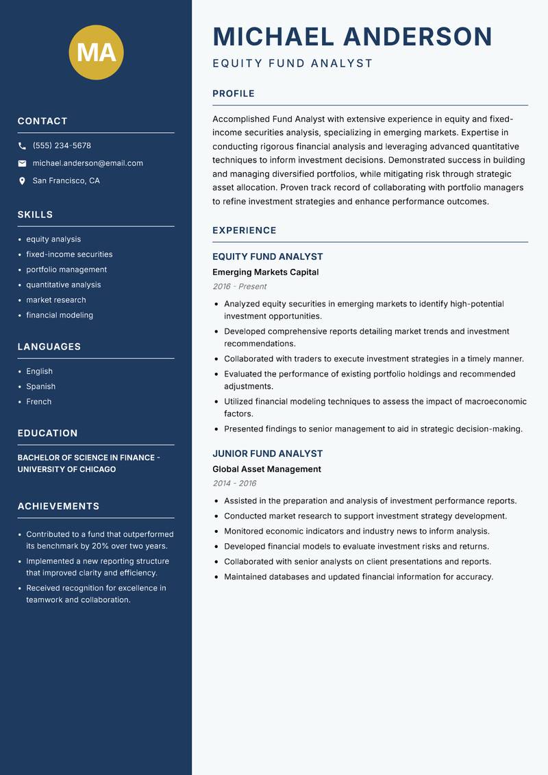 Fund Analyst resume sample — Equity Fund Analyst focus