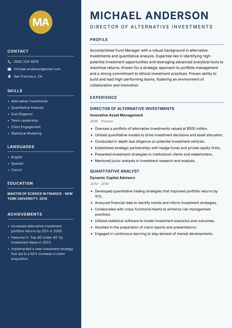 Fund Manager resume sample — Director of Alternative Investments focus