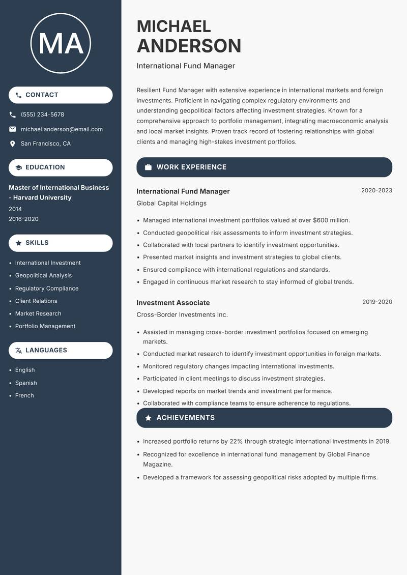 Fund Manager resume sample — International Fund Manager focus