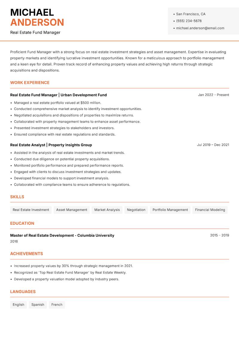 Fund Manager resume sample — Real Estate Fund Manager focus