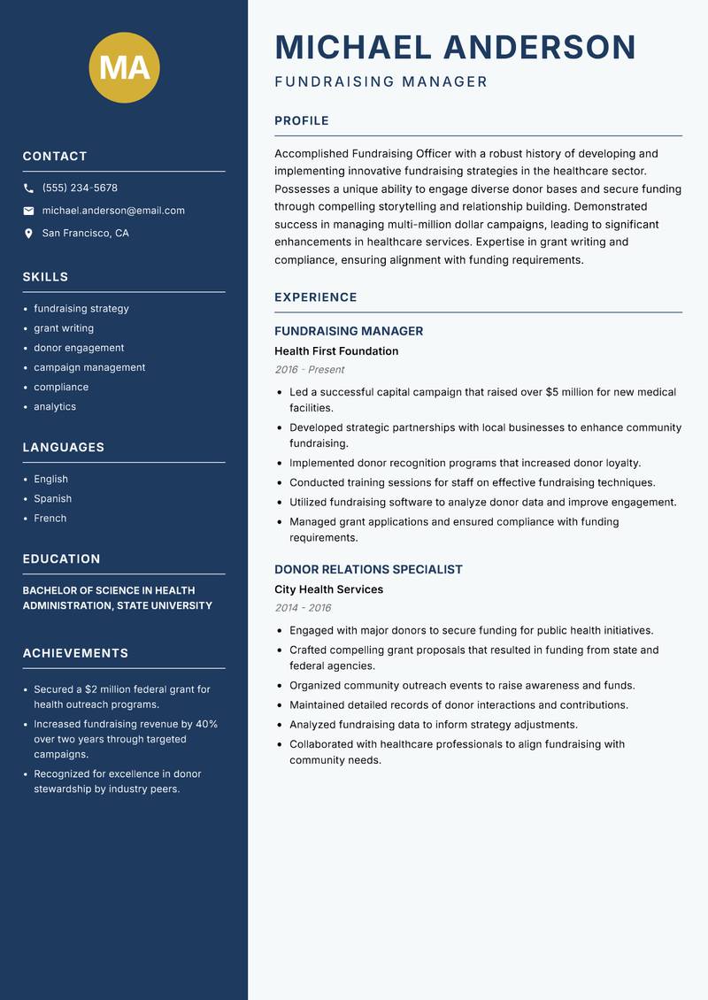 Fundraising Officer resume sample — Fundraising Manager focus