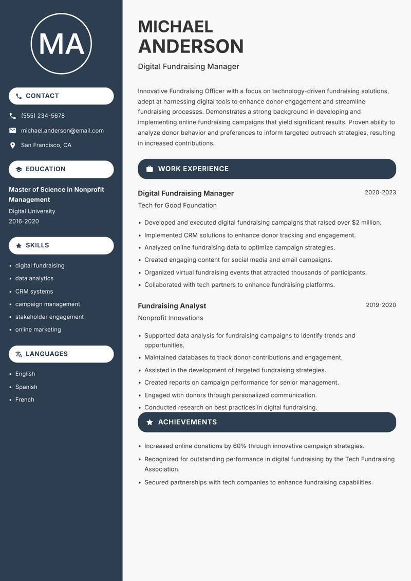 Fundraising Officer resume sample — Digital Fundraising Manager focus