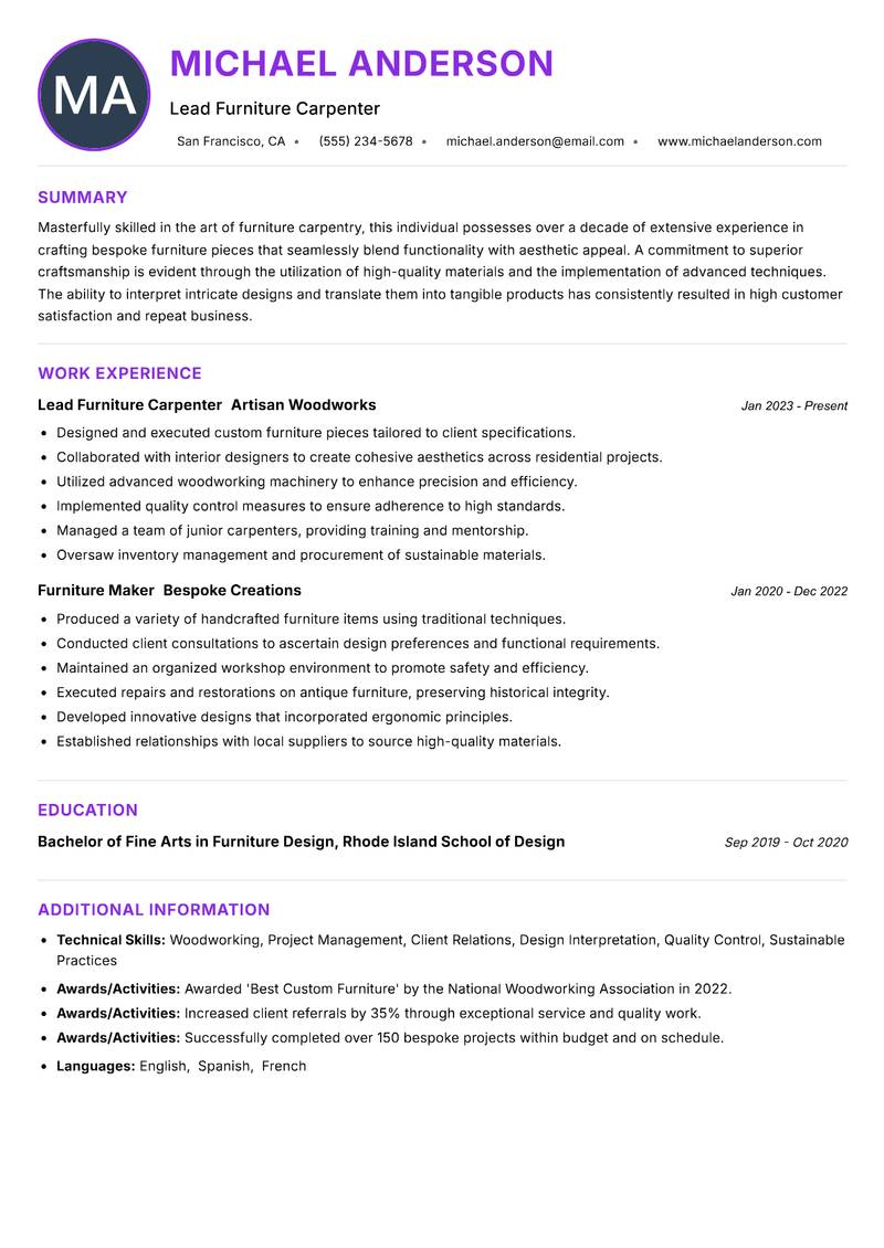 Furniture Carpenter resume example
