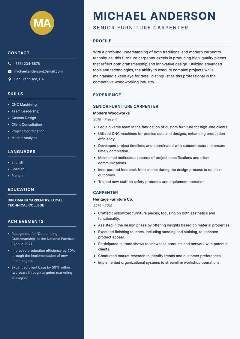 Furniture Carpenter resume sample — Senior Furniture Carpenter focus