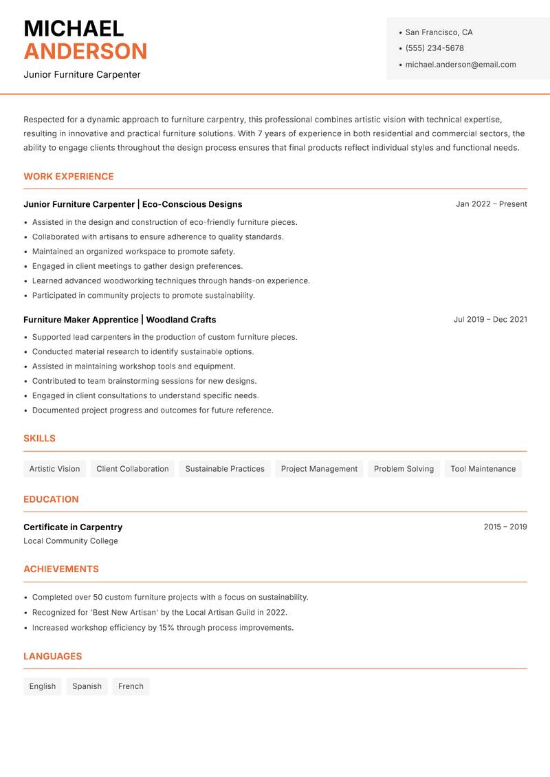 Furniture Carpenter resume sample — Junior Furniture Carpenter focus