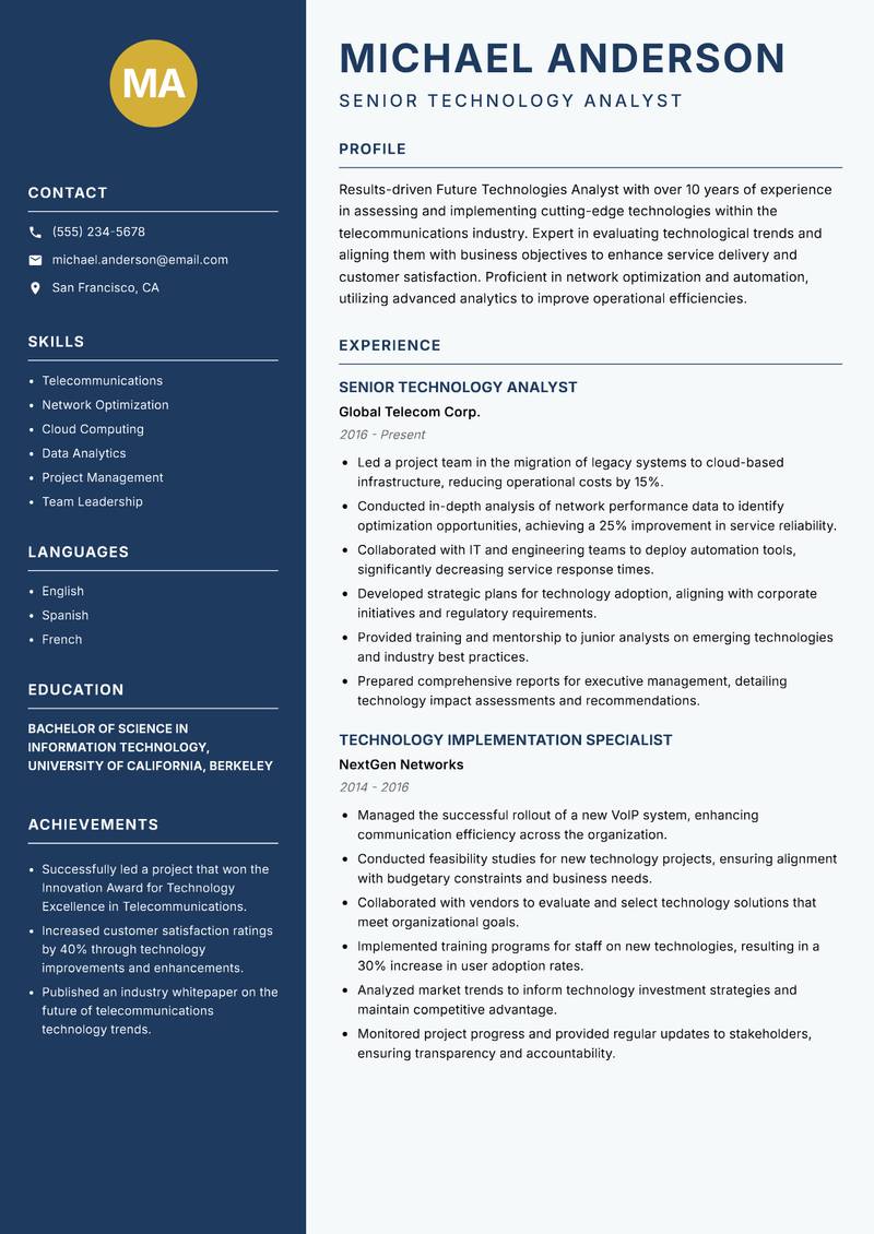 Future Technologies Analyst resume sample — Senior Technology Analyst focus