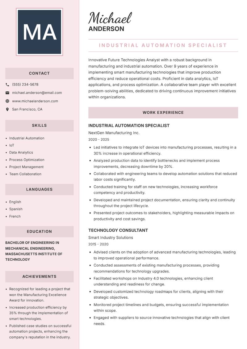 Future Technologies Analyst resume sample — Industrial Automation Specialist focus