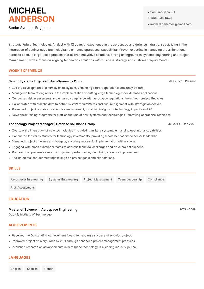 Future Technologies Analyst resume sample — Senior Systems Engineer focus