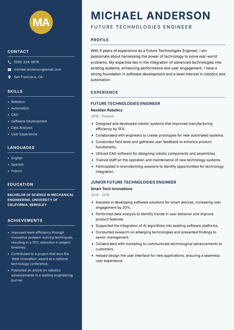Future Technologies Engineer resume sample — Future Technologies Engineer focus