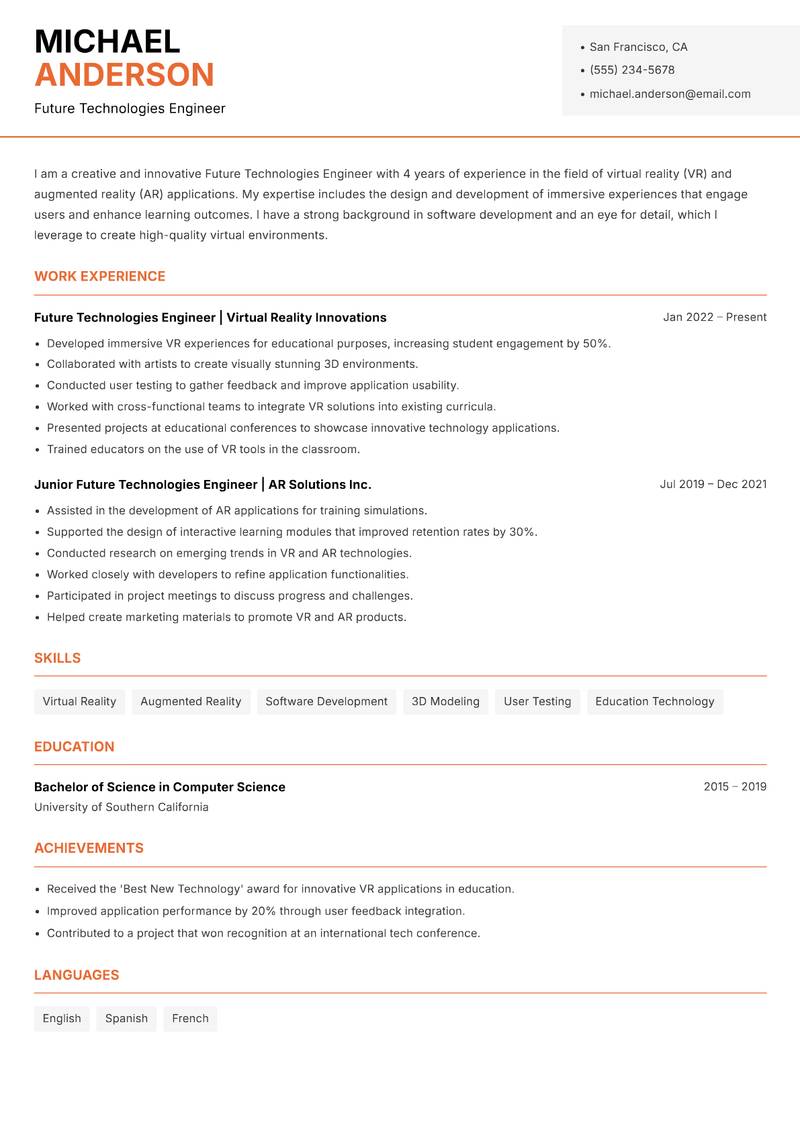 Future Technologies Engineer resume sample — Future Technologies Engineer focus
