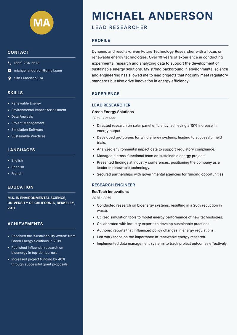 Future Technology Researcher resume sample — Lead Researcher focus