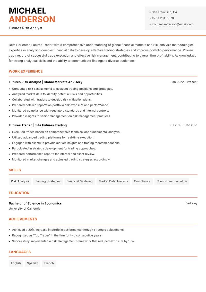 Futures Trader resume sample — Futures Risk Analyst focus